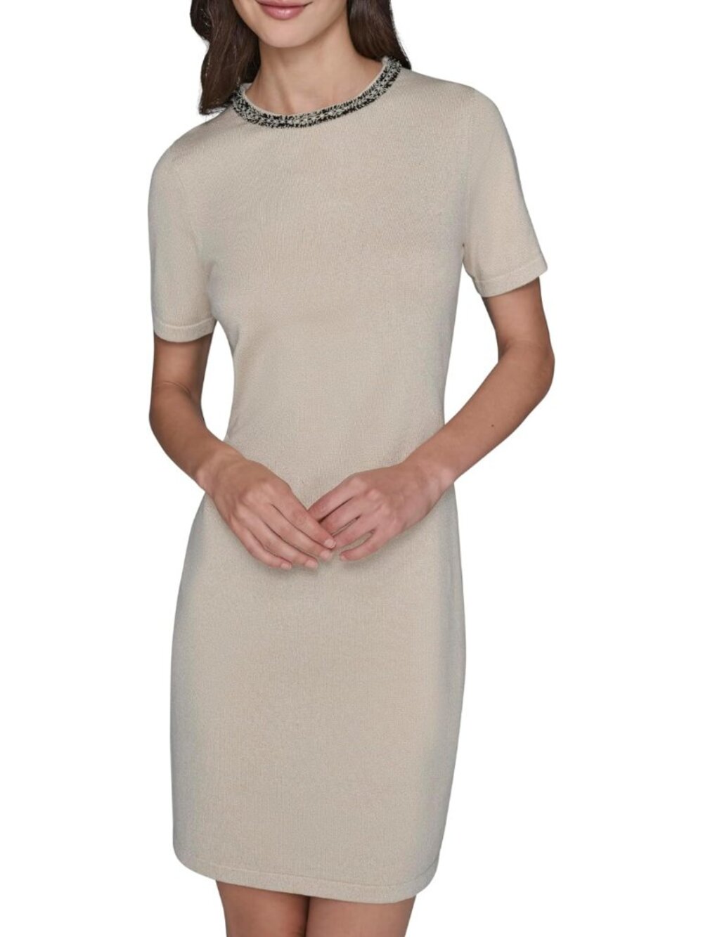 Karl Lagerfeld Paris Beige Embellished Sweater Dress Size L NWT